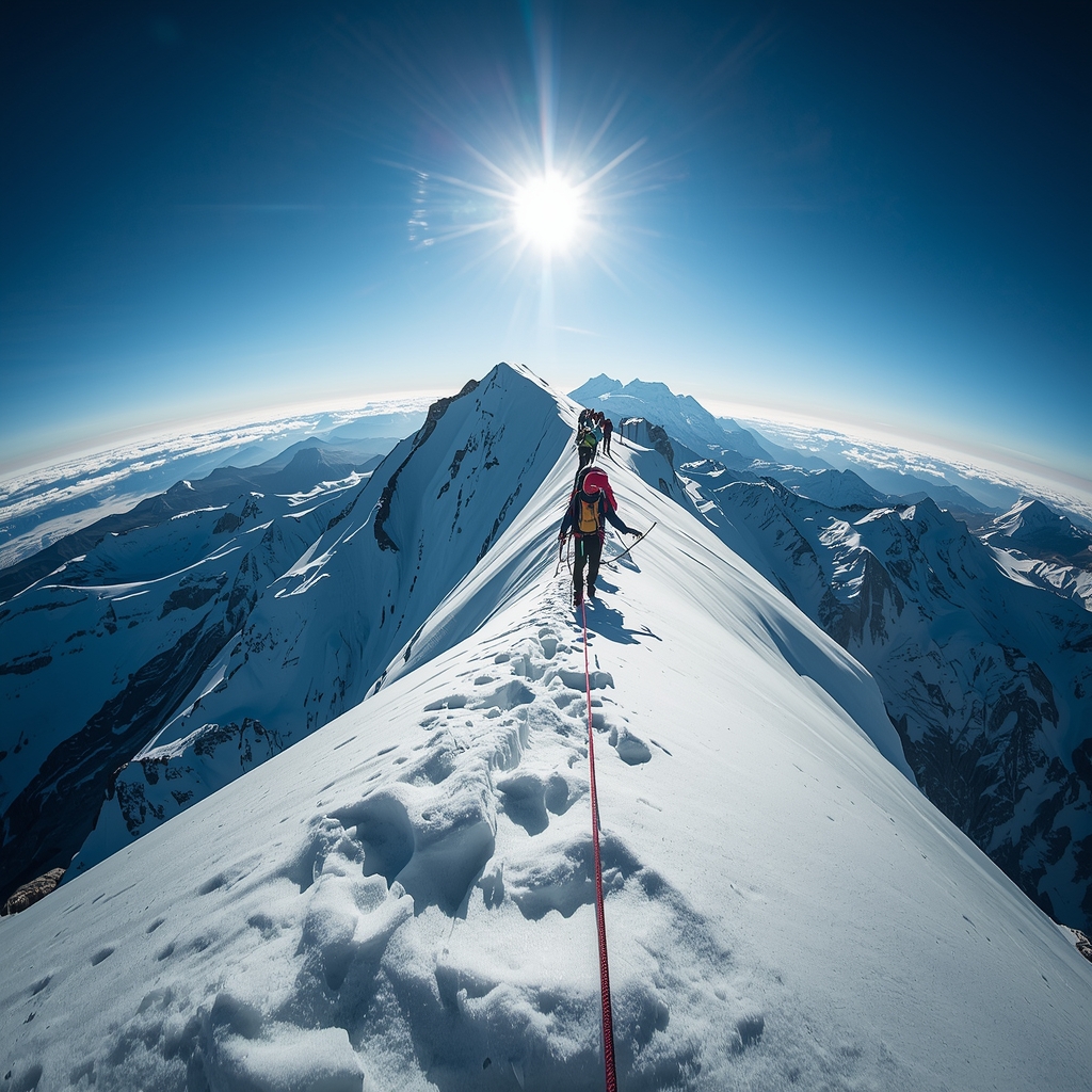 A team of rope-connected climbers traversing a sharp snowy ridge line with deep blue glacial shadows and bright white sun glare, cinematic wide-angle shot